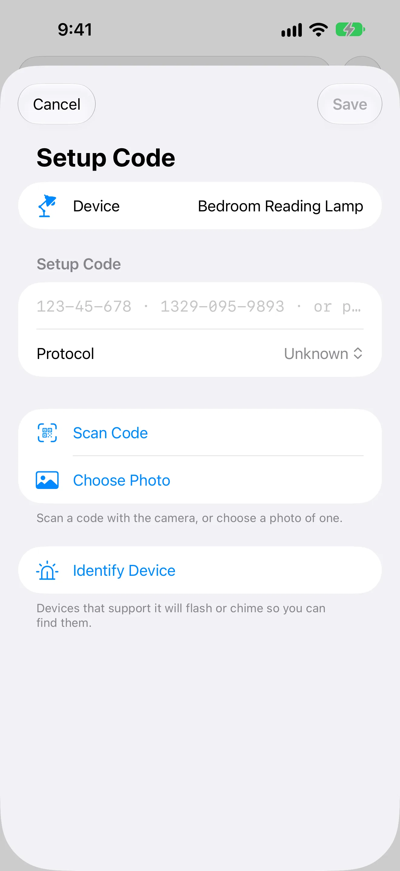 Type the code, scan it with the camera, or pick a photo of it