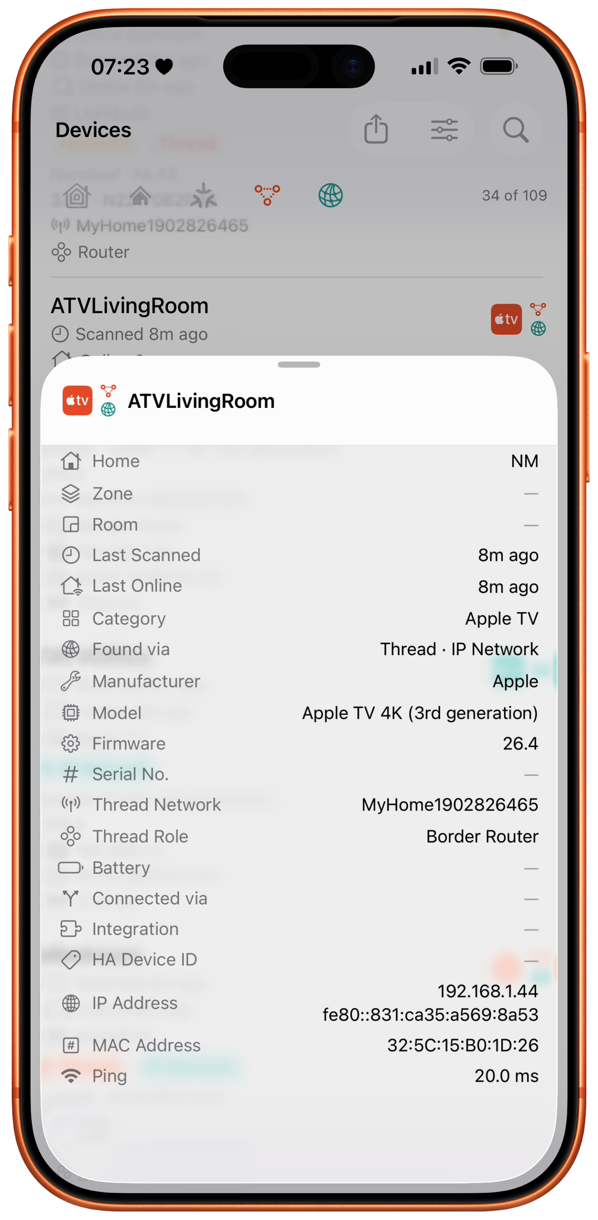 HomeMapper device detail showing Thread role, IP, ping, MAC, firmware, and serial number