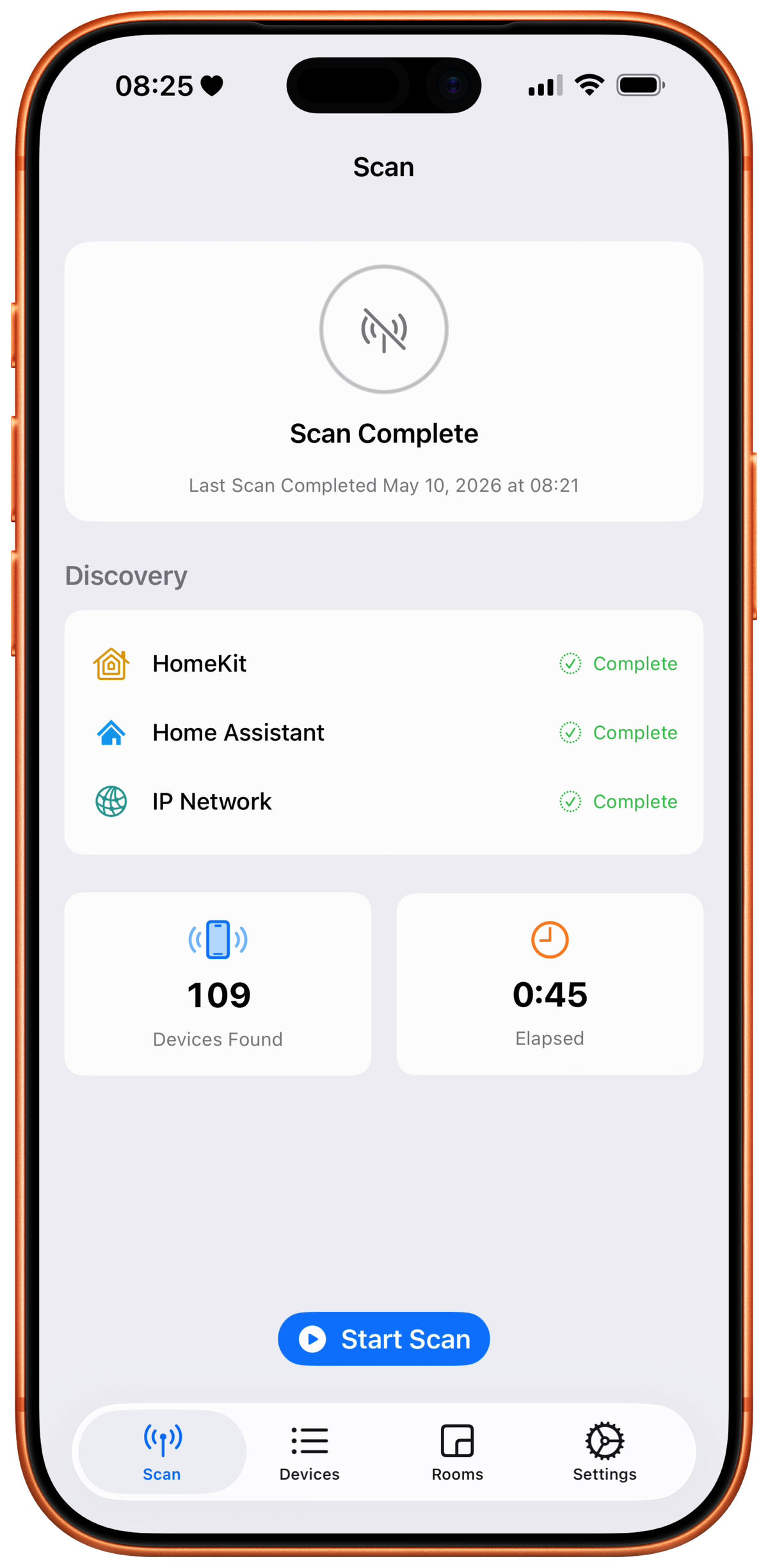 HomeMapper scan complete screen showing all protocols with final device counts