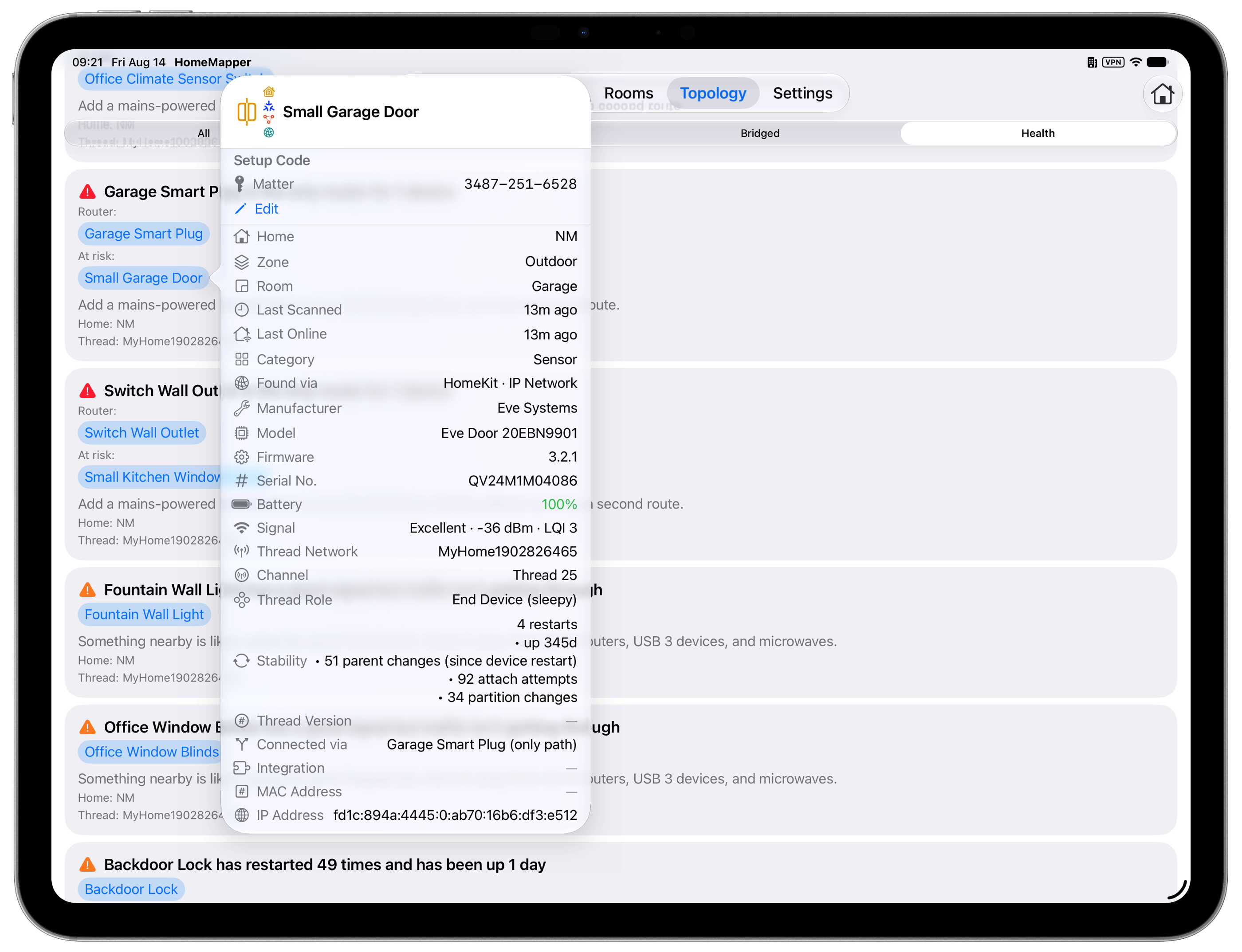 Thread mesh health findings in HomeMapper on iPad