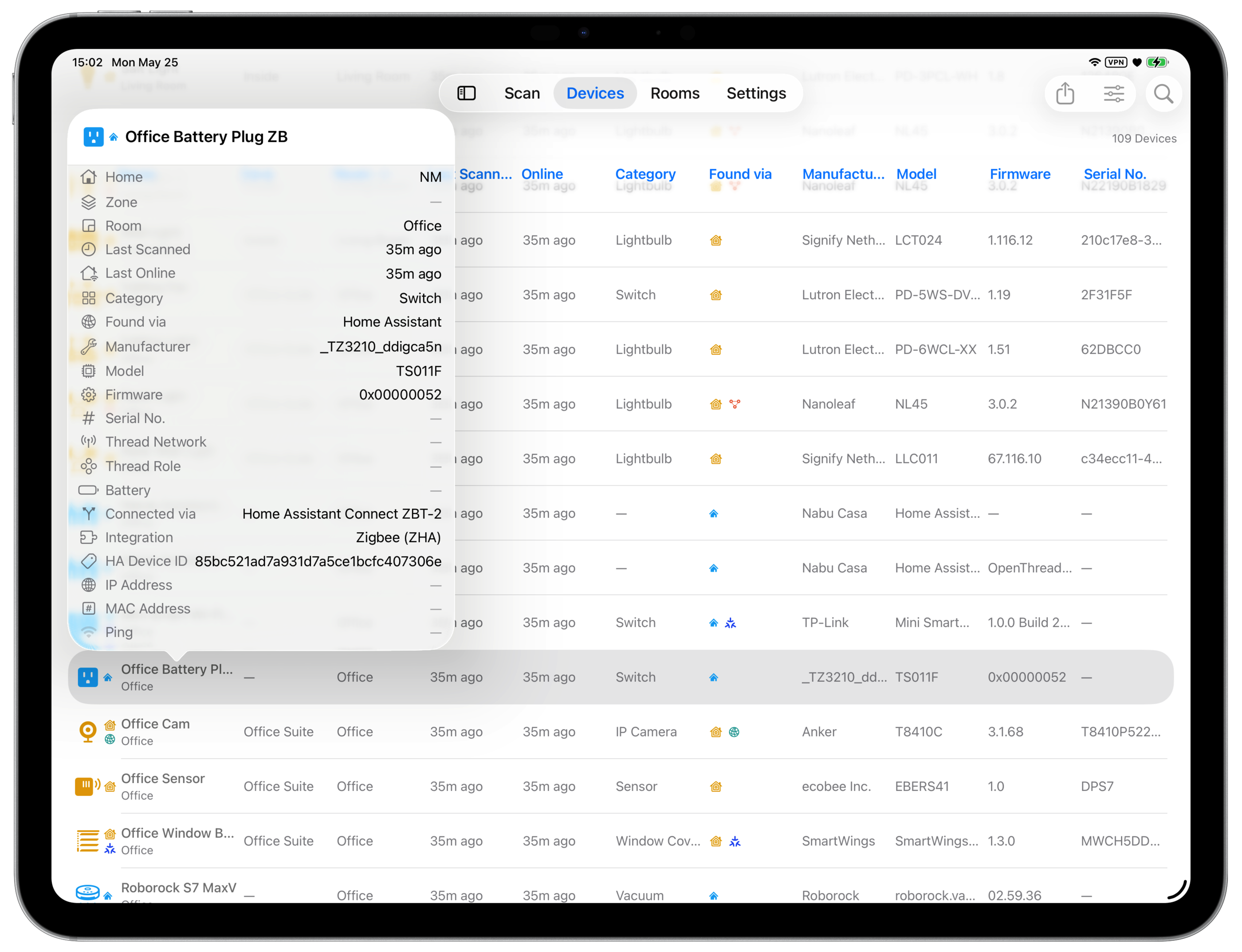 Home Assistant Zigbee devices in HomeMapper on iPad
