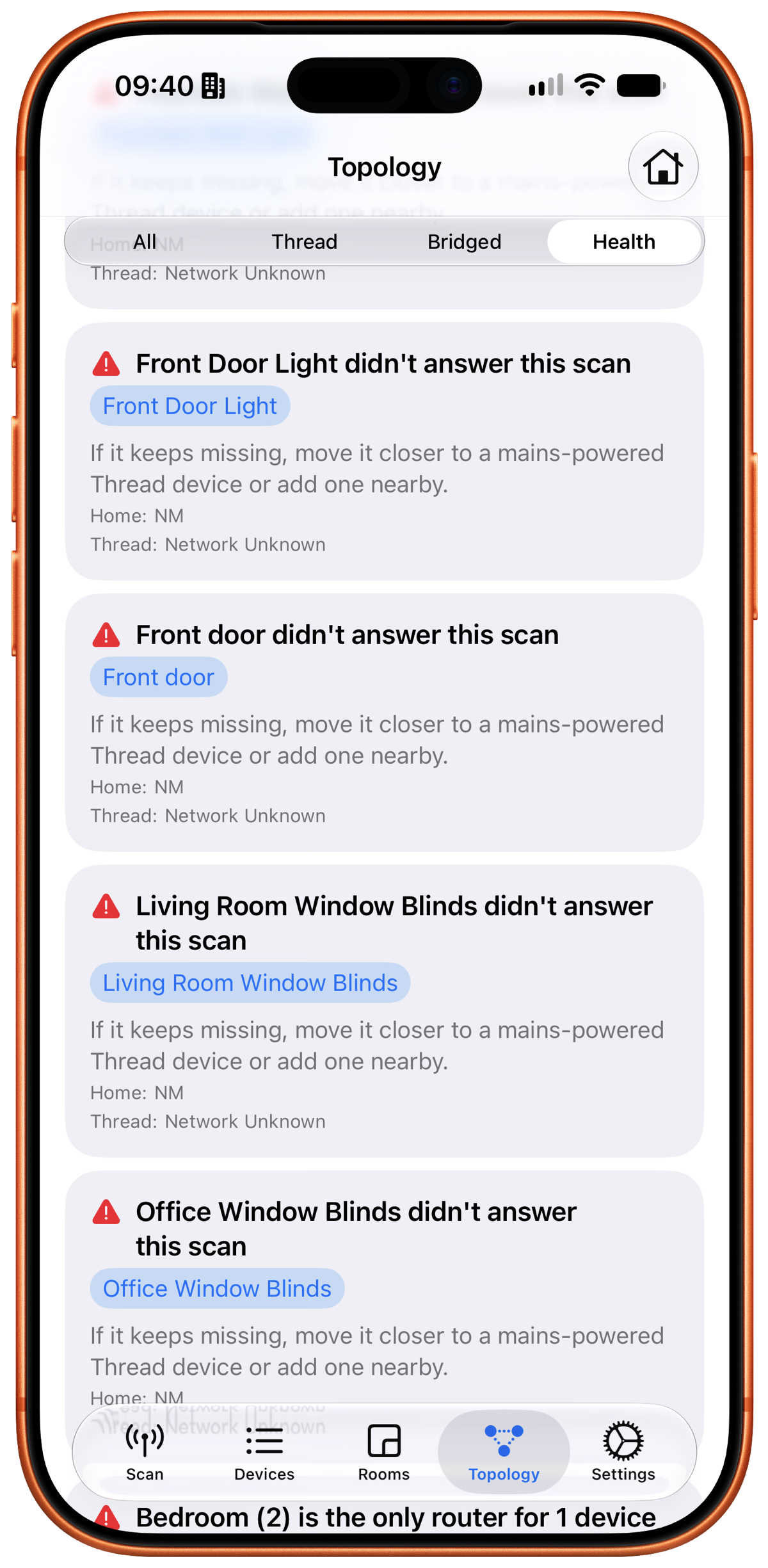 Thread mesh health findings in HomeMapper on iPhone