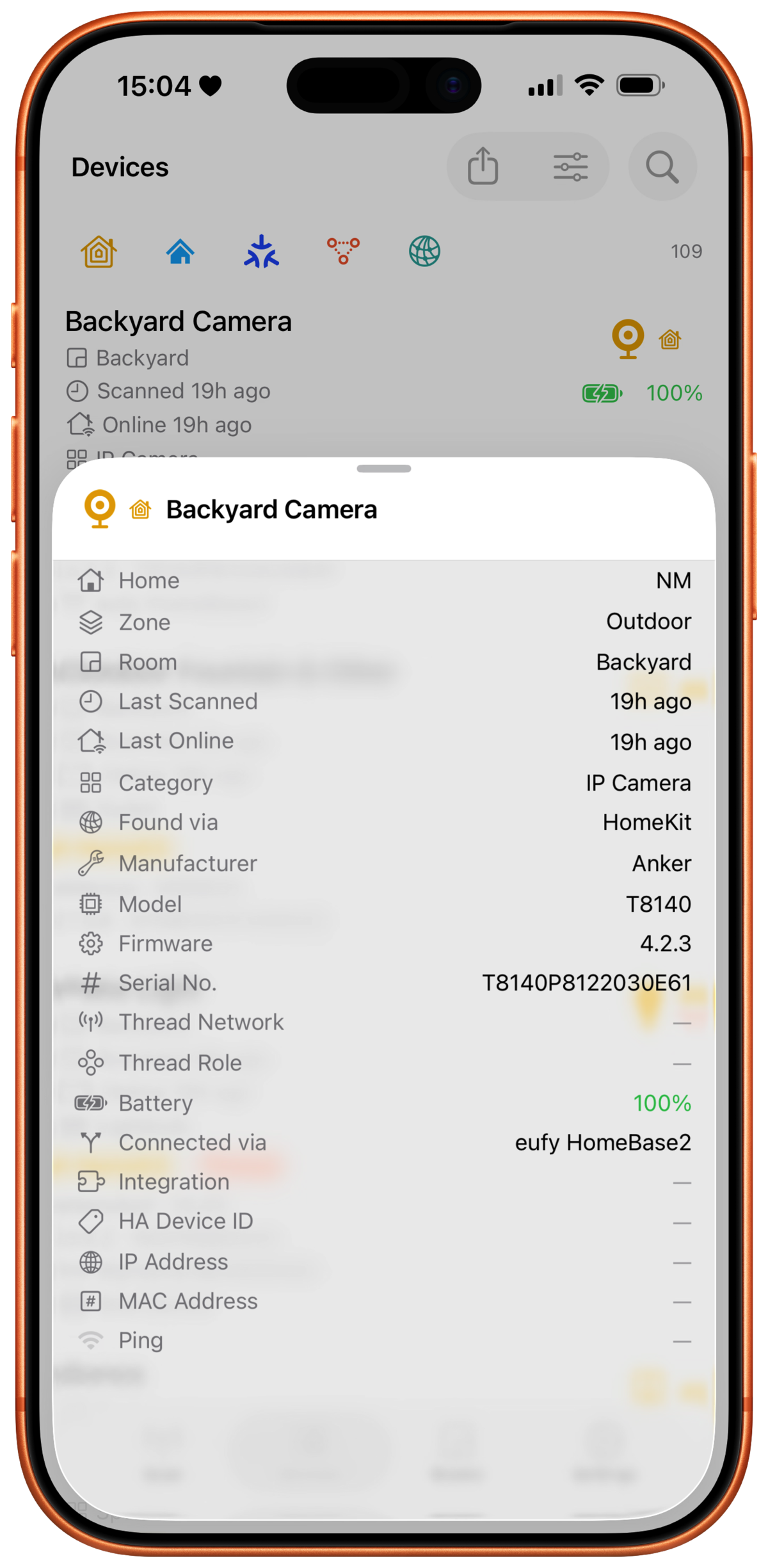 HomeKit device detail showing battery in HomeMapper on iPhone