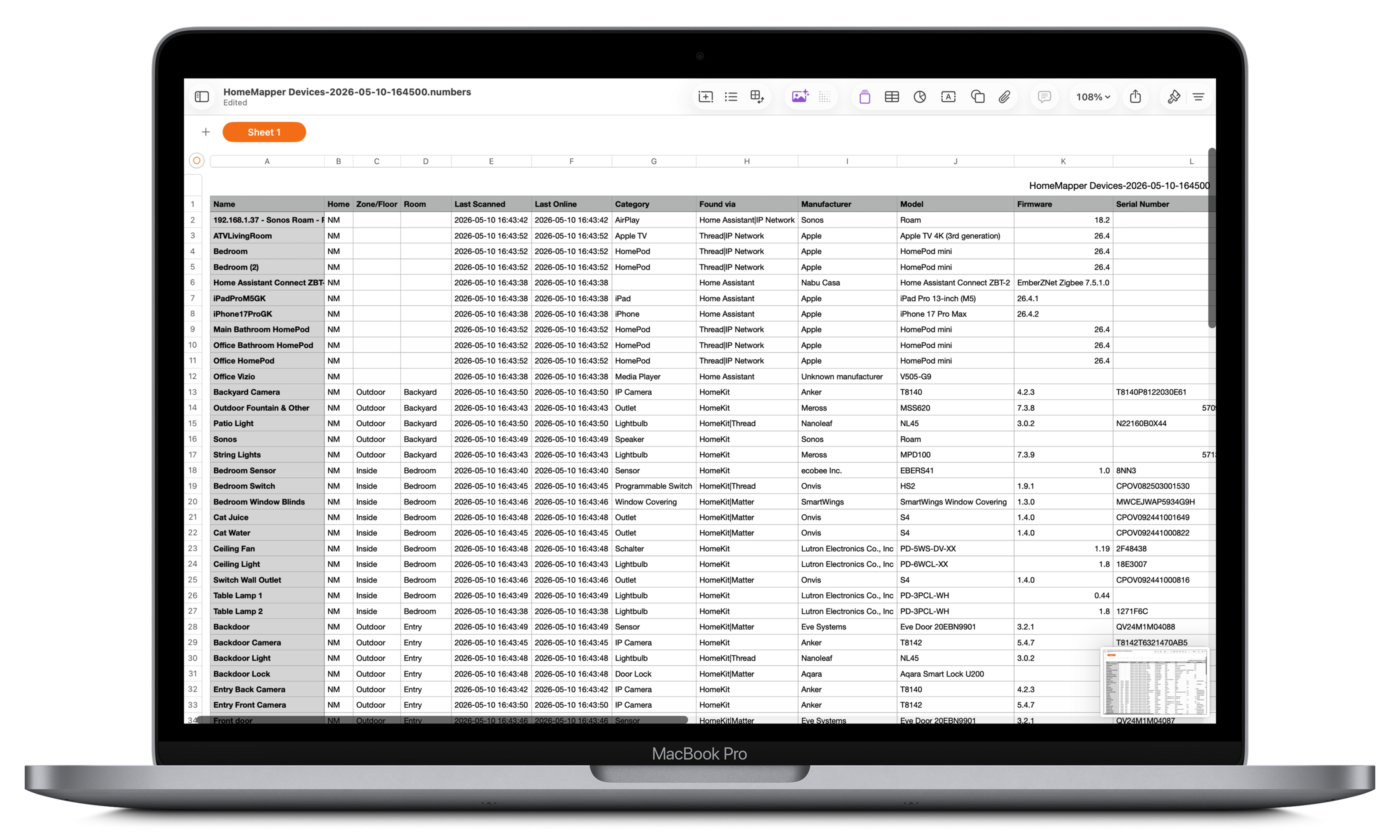 HomeMapper CSV export opened in Apple Numbers on Mac